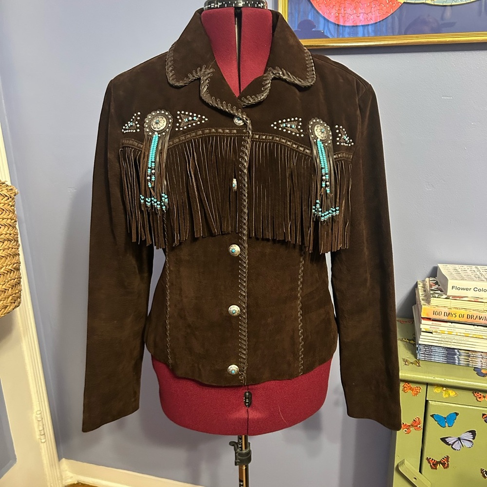 Scully Dark Brown Suede Jacket with Fringe and Turquoise Accents